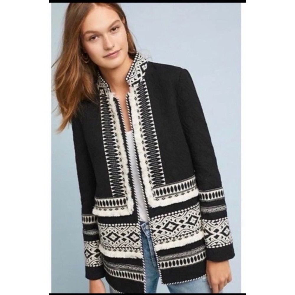 Anthropologie Cartonnier Black Ivory White Embroidered Open Jacket Blazer S